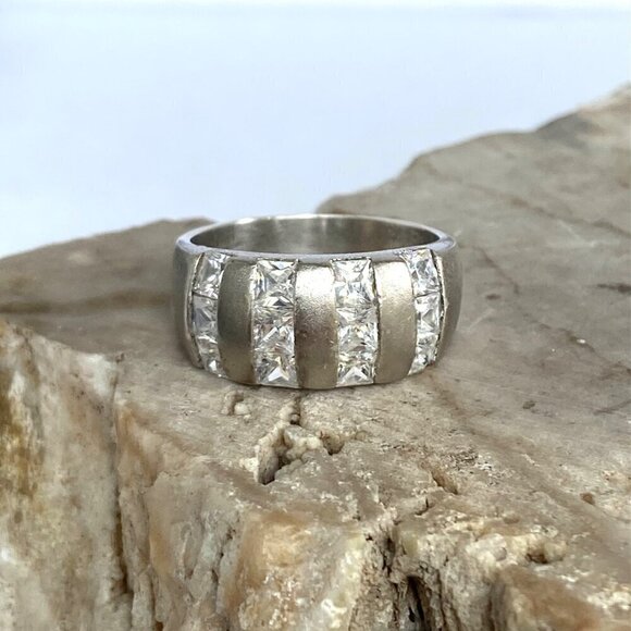 Brushed Sterling Silver 925 Channel Set Cubic Zirconia 4 Row Wide Band Ring Sz 7 - Picture 5 of 16